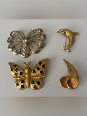 Vintage Gold Tone Brooch Lot Butterfly Dolphin Rhinestone Pins
